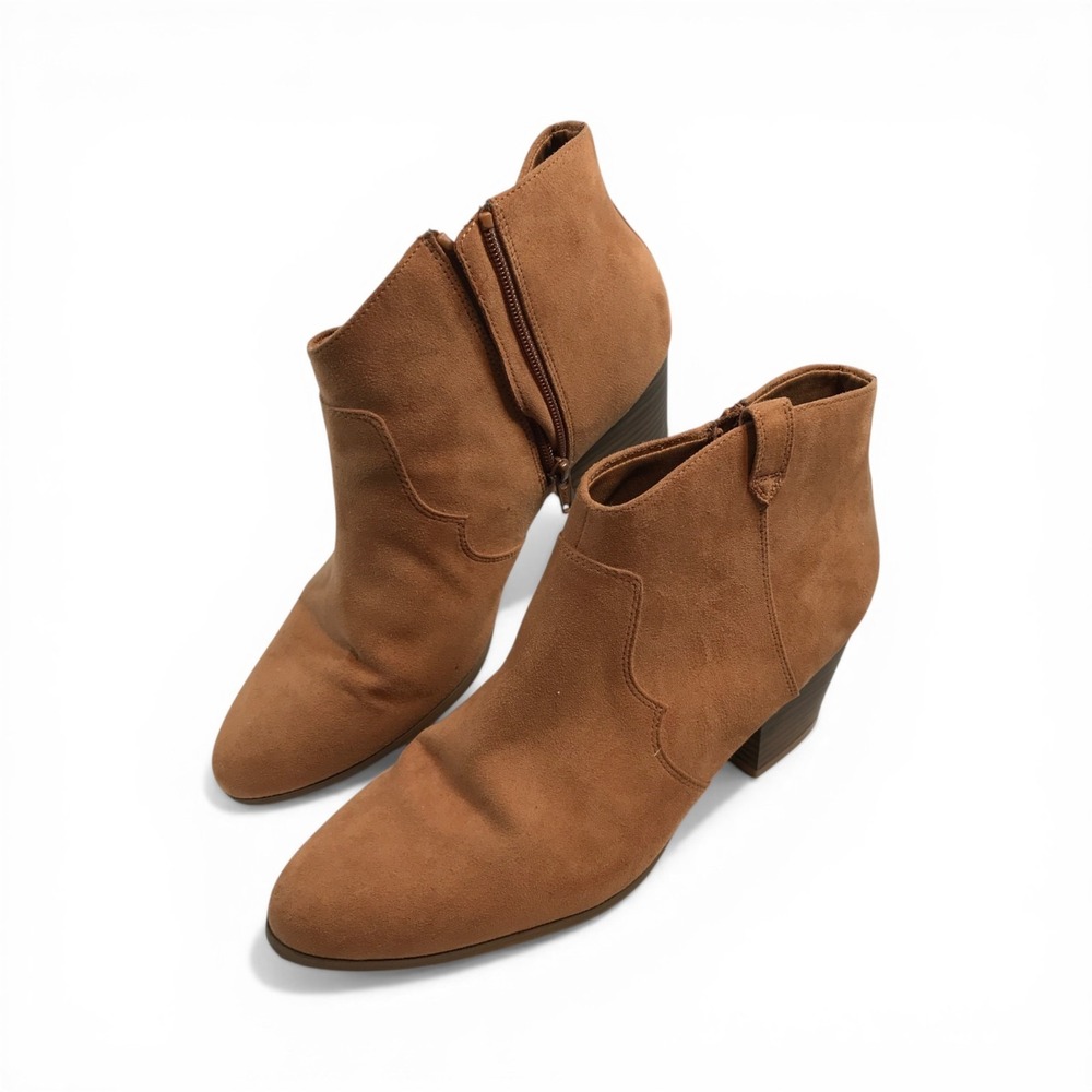 Old Navy Womens Cognac Faux Suede Pointed Toe‎ Block Heel Ankle Boots Size 10
